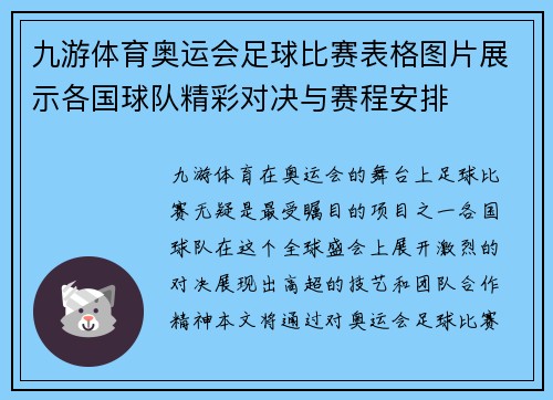 九游体育奥运会足球比赛表格图片展示各国球队精彩对决与赛程安排