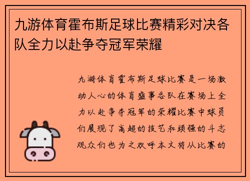 九游体育霍布斯足球比赛精彩对决各队全力以赴争夺冠军荣耀